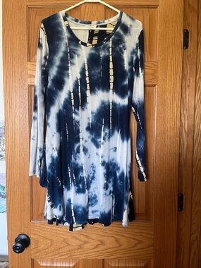 B15 Umgee Shibori Tie Dye Round Neck Long Sleeve Panel Dress Blue NEW